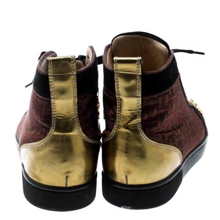 Pre Owned Christian Louboutin Black/Gold Leather And Holographic Fabric Lou Spikes Embellished High Top Sneakers Size 41
