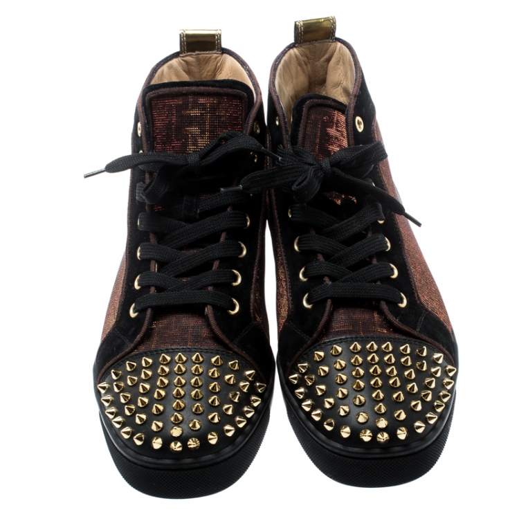 Pre Owned Christian Louboutin Black/Gold Leather And Holographic Fabric Lou Spikes Embellished High Top Sneakers Size 41