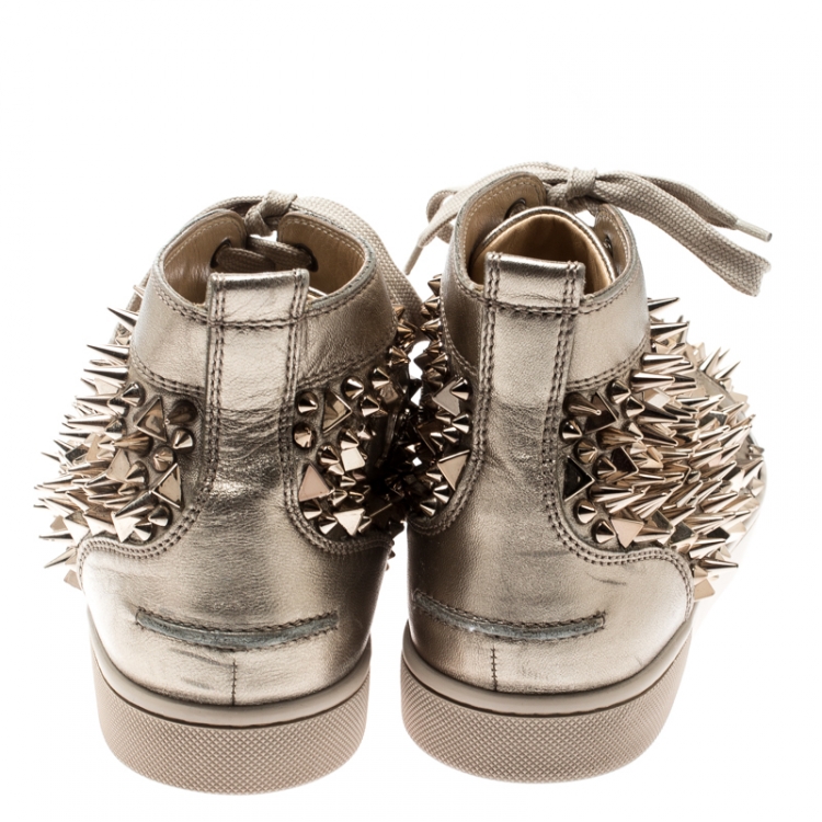 Pre Owned Christian Louboutin Metallic Gold Leather Louis Spikes Lace Up High Top Sneakers Size 41