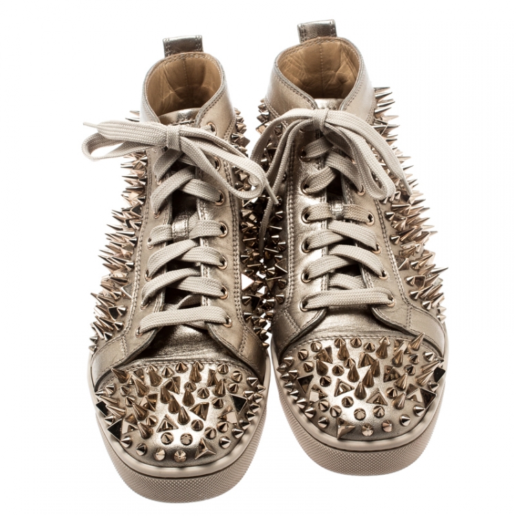 Pre Owned Christian Louboutin Metallic Gold Leather Louis Spikes Lace Up High Top Sneakers Size 41