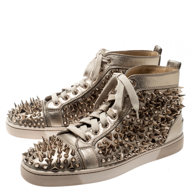 Pre Owned Christian Louboutin Metallic Gold Leather Louis Spikes Lace Up High Top Sneakers Size 41