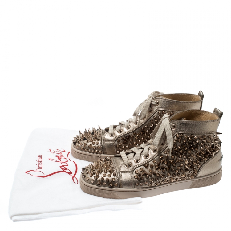Pre Owned Christian Louboutin Metallic Gold Leather Louis Spikes Lace Up High Top Sneakers Size 41