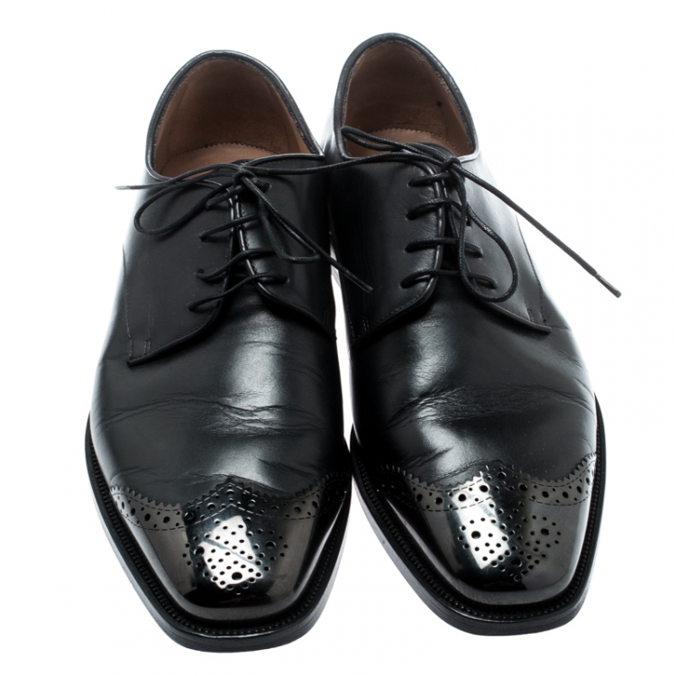 Pre Owned Christian Louboutin Black Leather Brogue Metal Cap Toe Derby Oxfords Size 40.5