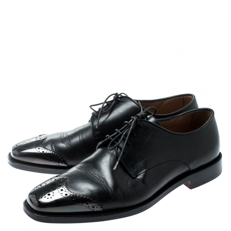 Pre Owned Christian Louboutin Black Leather Brogue Metal Cap Toe Derby Oxfords Size 40.5