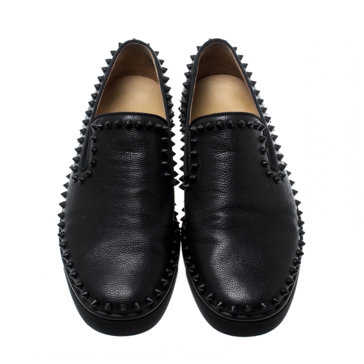 Pre Owned Christian Louboutin Black Leather Spike Pik Boat Slip On Sneakers Size 42.5