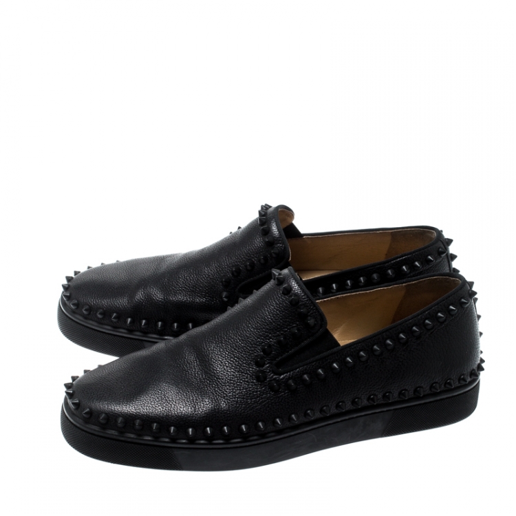 Pre Owned Christian Louboutin Black Leather Spike Pik Boat Slip On Sneakers Size 42.5