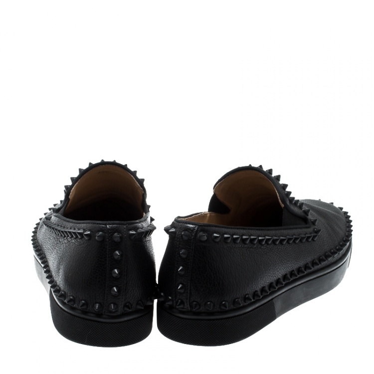 Pre Owned Christian Louboutin Black Leather Spike Pik Boat Slip On Sneakers Size 42.5