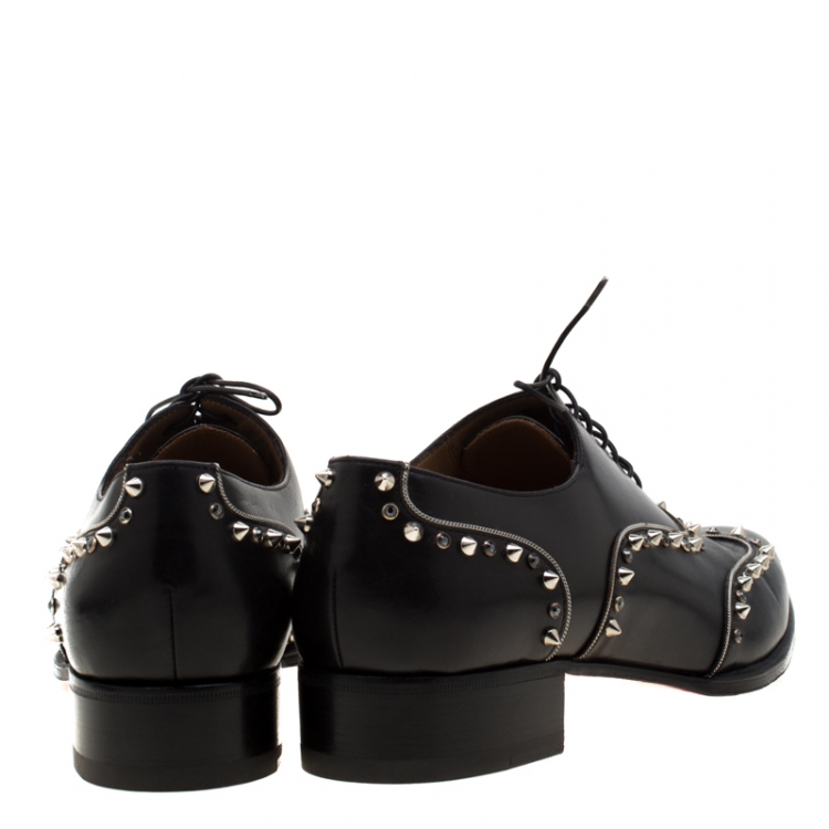 Pre Owned Christian Louboutin Black Leather Spike And Crystal Trim Wing Tip Lace Up Oxfords Size 42