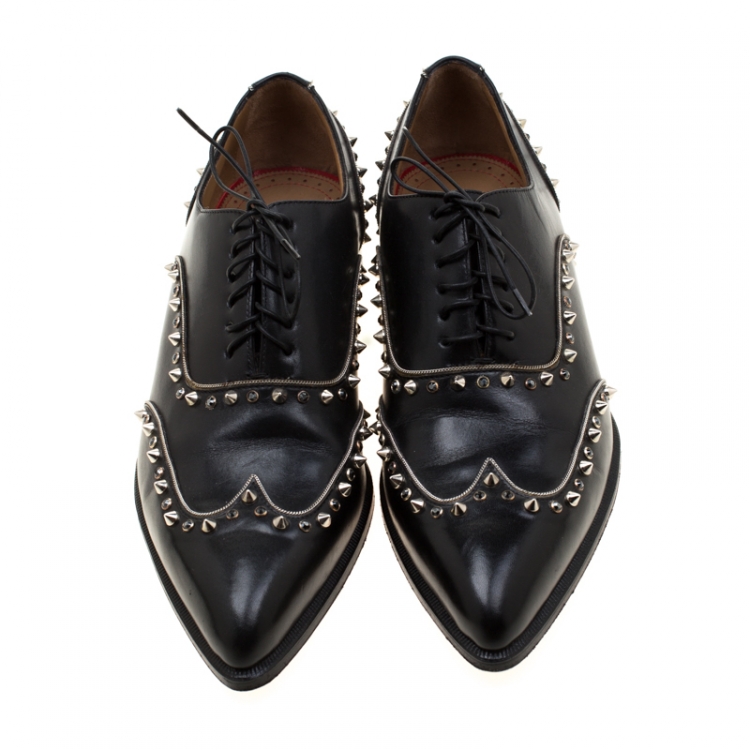 Pre Owned Christian Louboutin Black Leather Spike And Crystal Trim Wing Tip Lace Up Oxfords Size 42