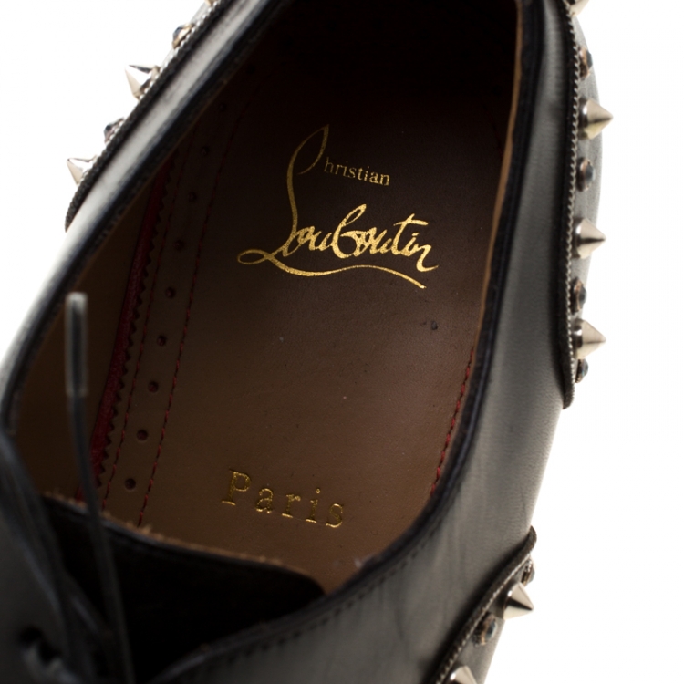 Pre Owned Christian Louboutin Black Leather Spike And Crystal Trim Wing Tip Lace Up Oxfords Size 42