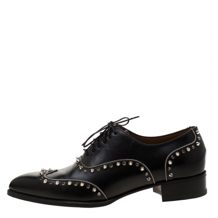 Pre Owned Christian Louboutin Black Leather Spike And Crystal Trim Wing Tip Lace Up Oxfords Size 42
