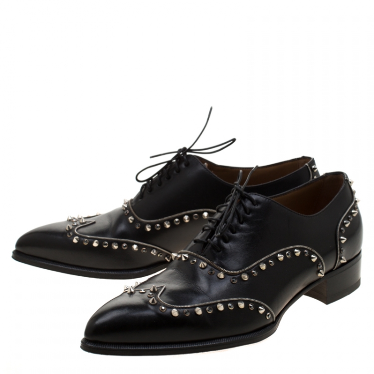 Pre Owned Christian Louboutin Black Leather Spike And Crystal Trim Wing Tip Lace Up Oxfords Size 42