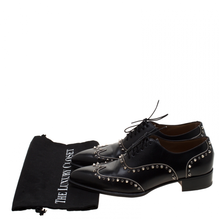 Pre Owned Christian Louboutin Black Leather Spike And Crystal Trim Wing Tip Lace Up Oxfords Size 42