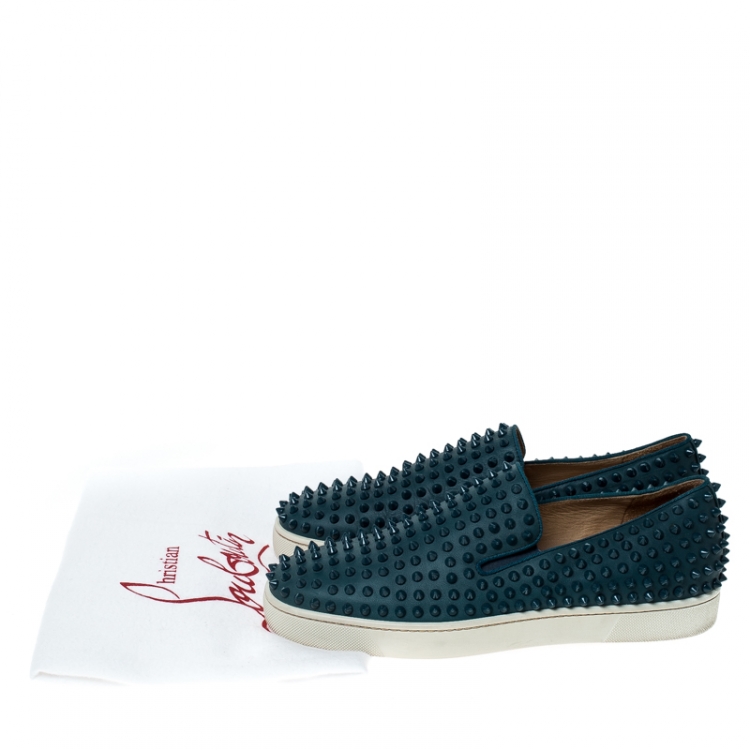 Pre Owned Christian Louboutin Blue Leather Roller Boat Spike Slip On Sneakers Size 41.5