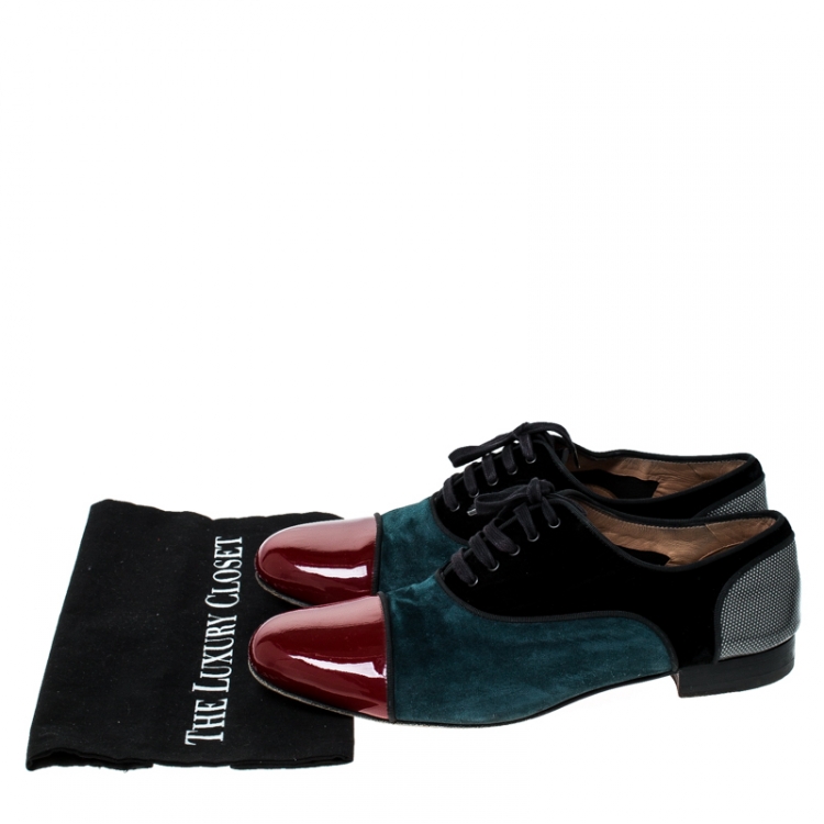 Pre Owned Christian Louboutin Tricolor Suede And Patent Leather Lace Up Oxfords Size 45