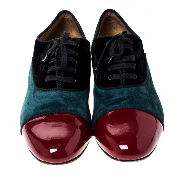 Pre Owned Christian Louboutin Tricolor Suede And Patent Leather Lace Up Oxfords Size 45