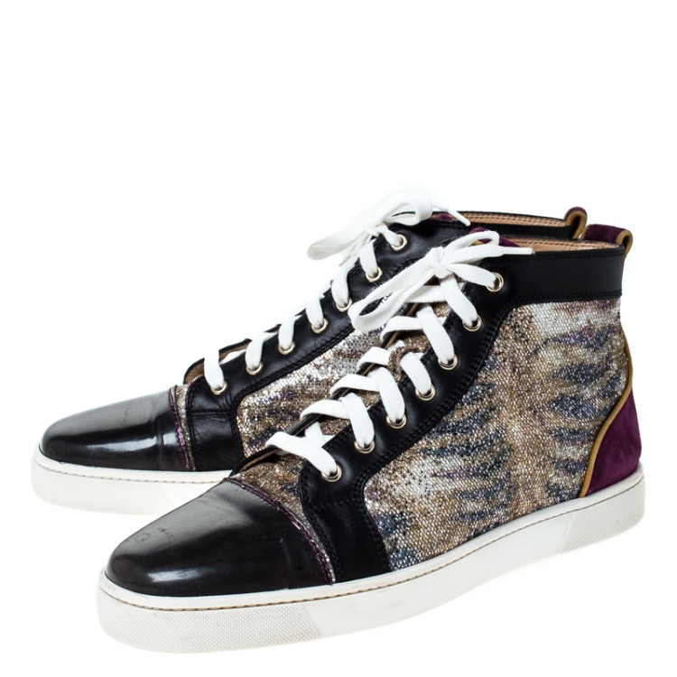 Pre Owned Christian Louboutin Suede Leather And Glitter Fabric Orlato High Top Sneakers Size 45