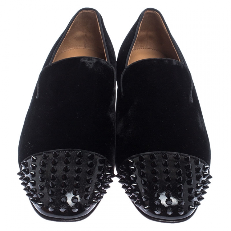 Pre Owned Christian Louboutin Black Velvet Spooky Spiked Toe Cap Smoking Slippers Size 44