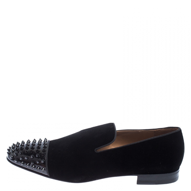 Pre Owned Christian Louboutin Black Velvet Spooky Spiked Toe Cap Smoking Slippers Size 44