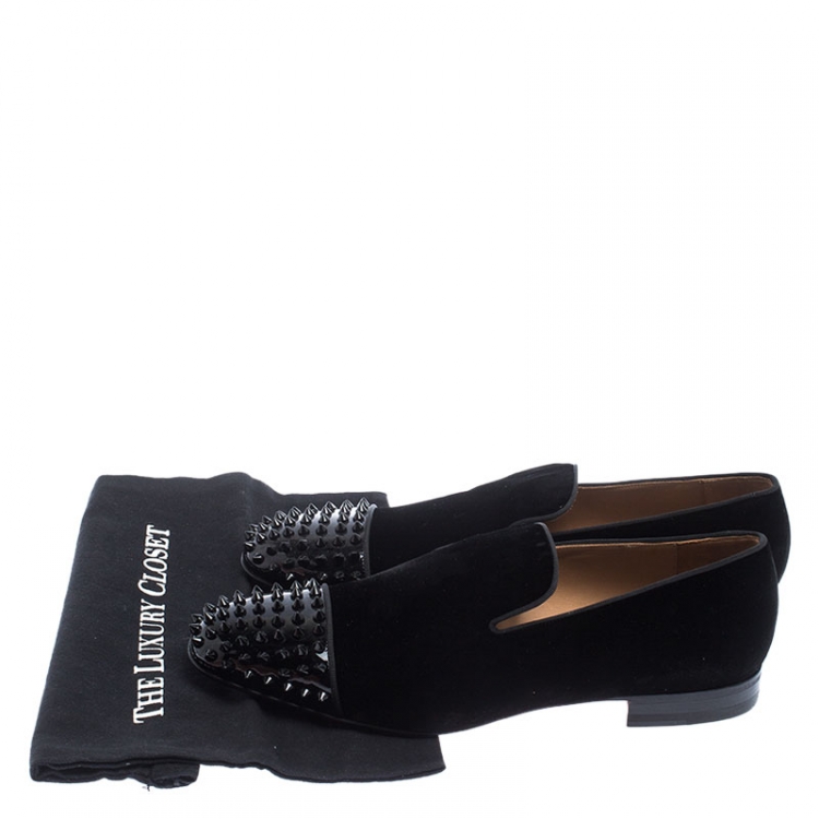 Pre Owned Christian Louboutin Black Velvet Spooky Spiked Toe Cap Smoking Slippers Size 44