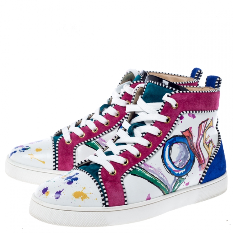 Pre Owned Christian Louboutin Multicolor Leather and Suede Love High Sneakers Size 42