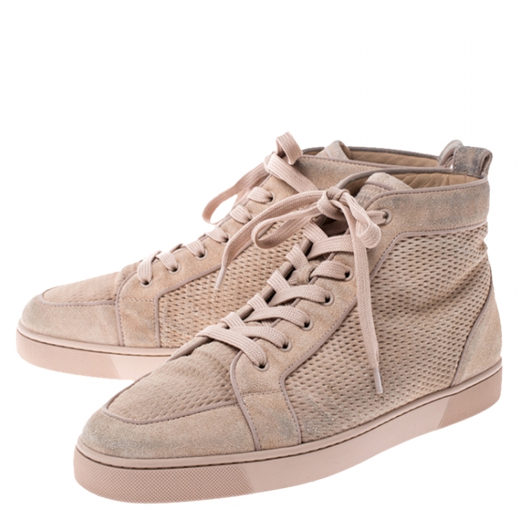 Pre Owned Christian Louboutin Beige Suede High Top Lace Up Sneakers Size 45