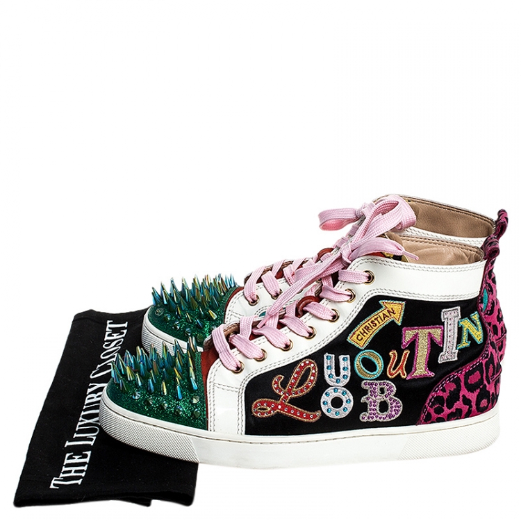 Pre Owned Christian Louboutin Multicolor Leopard Print/Logo Suede and Patent Leather Lou Spikes Sneakers Size 41