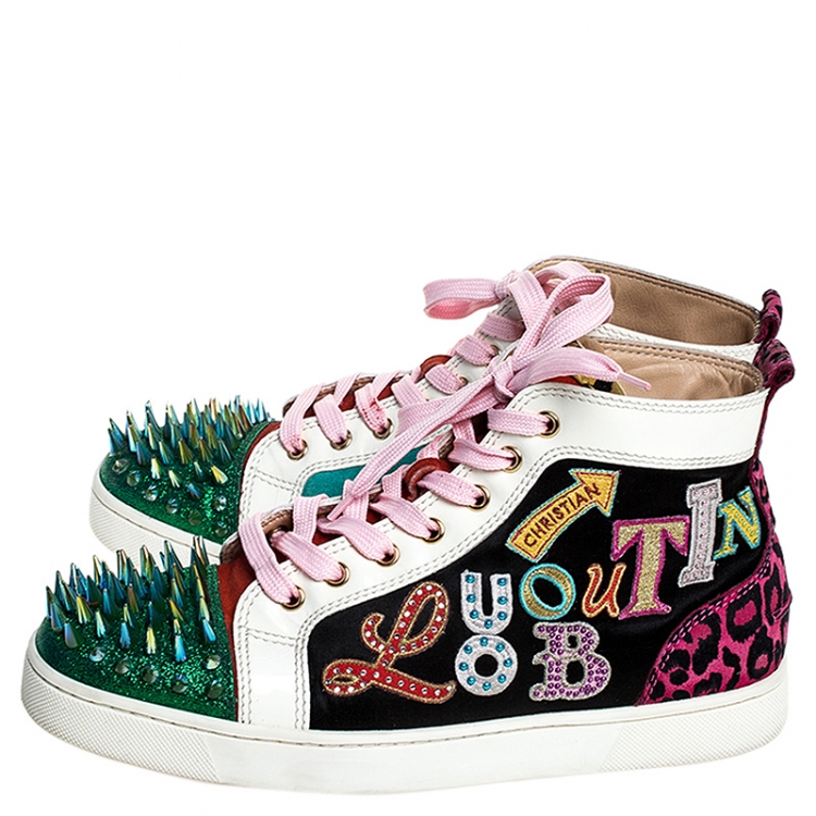 Pre Owned Christian Louboutin Multicolor Leopard Print/Logo Suede and Patent Leather Lou Spikes Sneakers Size 41