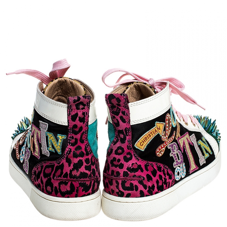 Pre Owned Christian Louboutin Multicolor Leopard Print/Logo Suede and Patent Leather Lou Spikes Sneakers Size 41