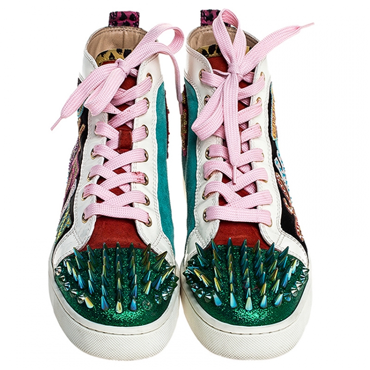 Pre Owned Christian Louboutin Multicolor Leopard Print/Logo Suede and Patent Leather Lou Spikes Sneakers Size 41