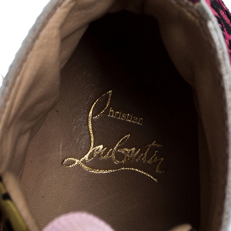 Pre Owned Christian Louboutin Multicolor Leopard Print/Logo Suede and Patent Leather Lou Spikes Sneakers Size 41