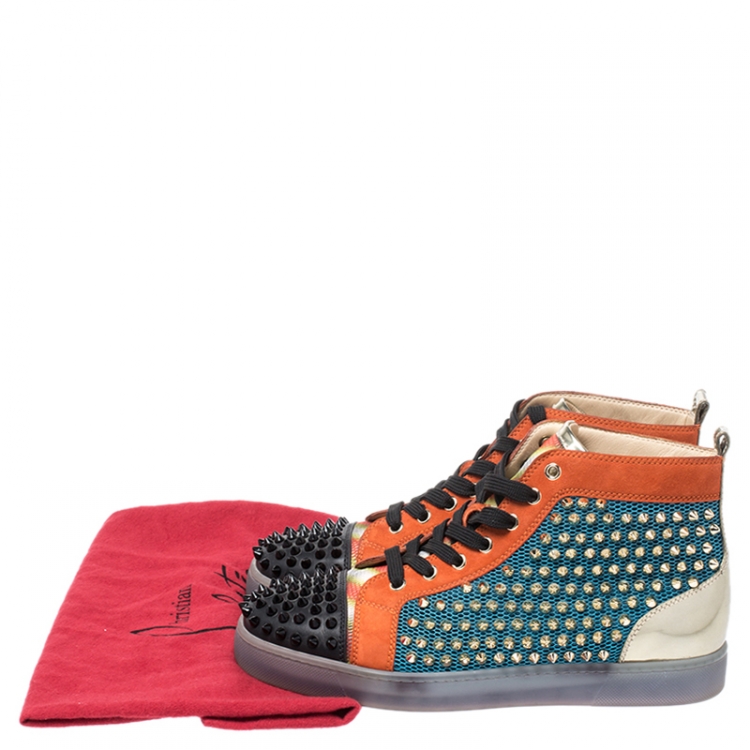 Pre Owned Christian Louboutin Multicolor Mesh, Suede And Leather Lou Spikes Orlato Sneakers Size 40