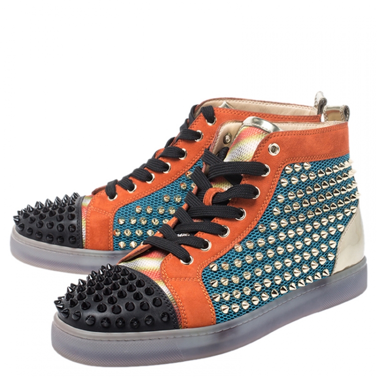 Pre Owned Christian Louboutin Multicolor Mesh, Suede And Leather Lou Spikes Orlato Sneakers Size 40