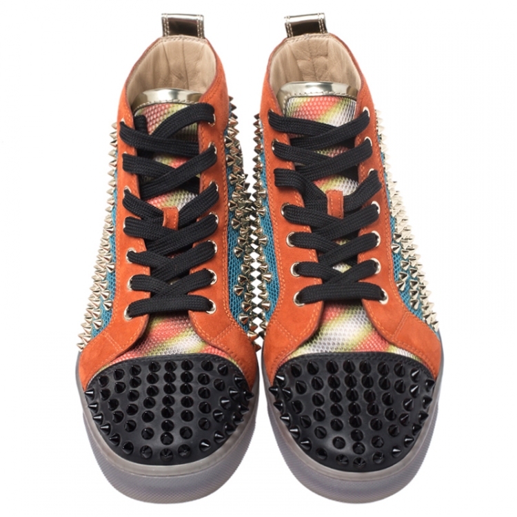 Pre Owned Christian Louboutin Multicolor Mesh, Suede And Leather Lou Spikes Orlato Sneakers Size 40
