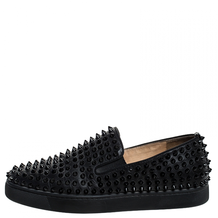 Christian Louboutin Black Leather Roller Boat Spiked Slip On