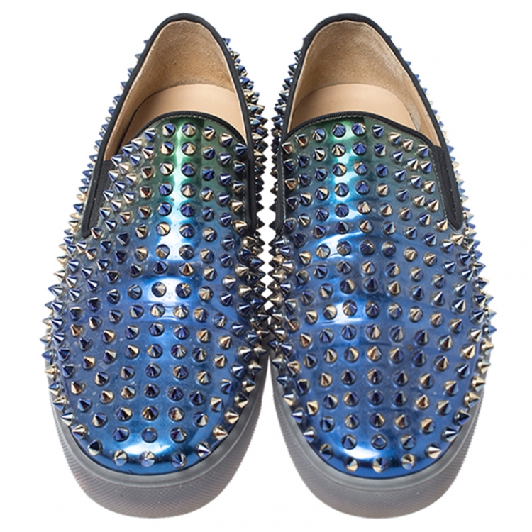 Pre Owned Christian Louboutin Blue/Green Patent Leather Dandelion Spikes Loafers Size 41