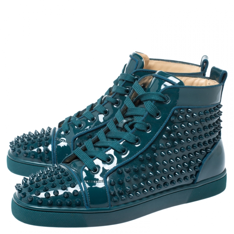 Pre Owned Christian Louboutin Teal Patent Leather Louis Spike High Top Sneakers Size 40.5