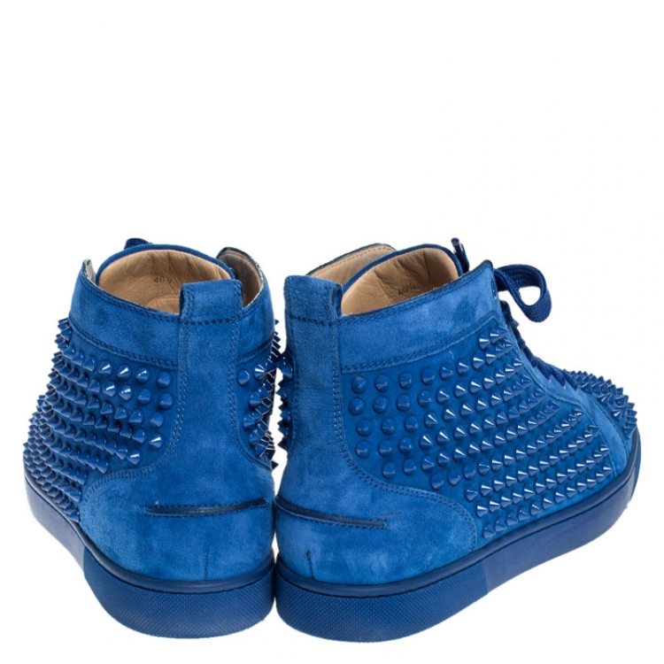Pre Owned Christian Louboutin Blue Suede Louis Spikes High Top Sneakers Size 40.5