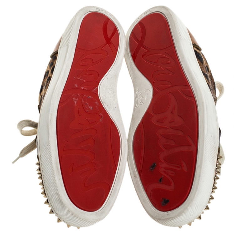 Pre Owned Christian Louboutin Brown Leather And Leopard Print Canvas Louis Junior Spikes Sneakers Size 40.5