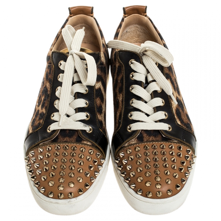 Pre Owned Christian Louboutin Brown Leather And Leopard Print Canvas Louis Junior Spikes Sneakers Size 40.5