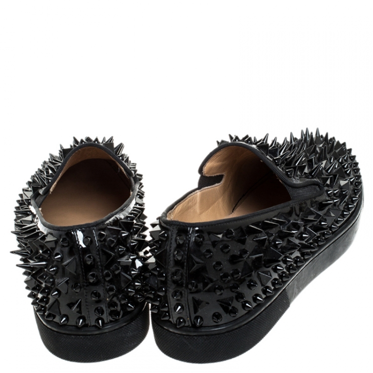 Pre Owned Christian Louboutin Black Patent Leather Pik Spiked Slip On Sneakers Size 42.5