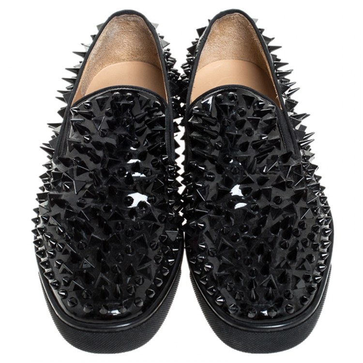Pre Owned Christian Louboutin Black Patent Leather Pik Spiked Slip On Sneakers Size 42.5