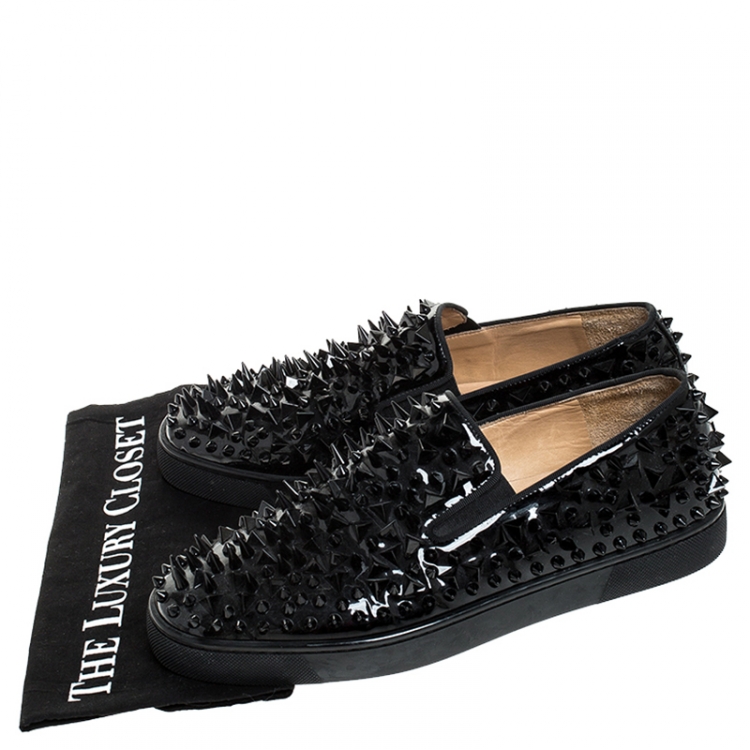 Pre Owned Christian Louboutin Black Patent Leather Pik Spiked Slip On Sneakers Size 42.5