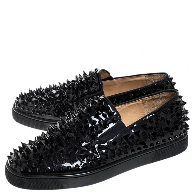 Pre Owned Christian Louboutin Black Patent Leather Pik Spiked Slip On Sneakers Size 42.5