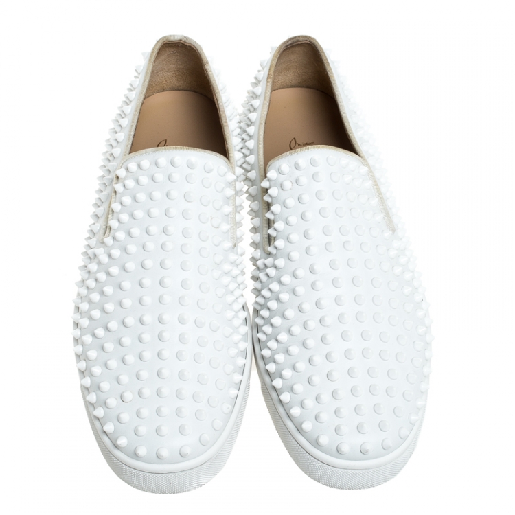 Pre Owned Christian Louboutin White Leather Roller Boat Spiked Slip On Sneakers Size 45