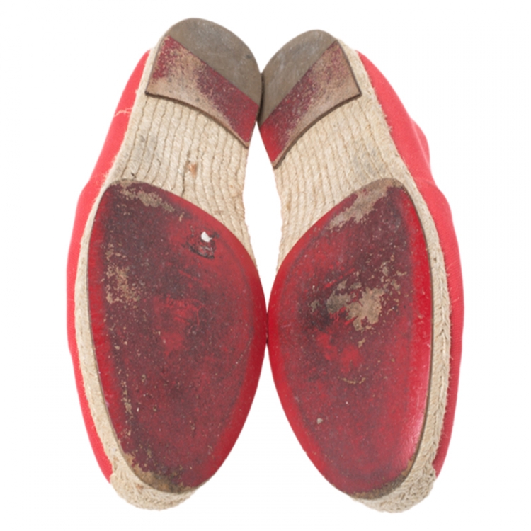 Pre Owned Christian Louboutin Red Canvas Gala Embroidered Crest Espadrille Loafers Size 44