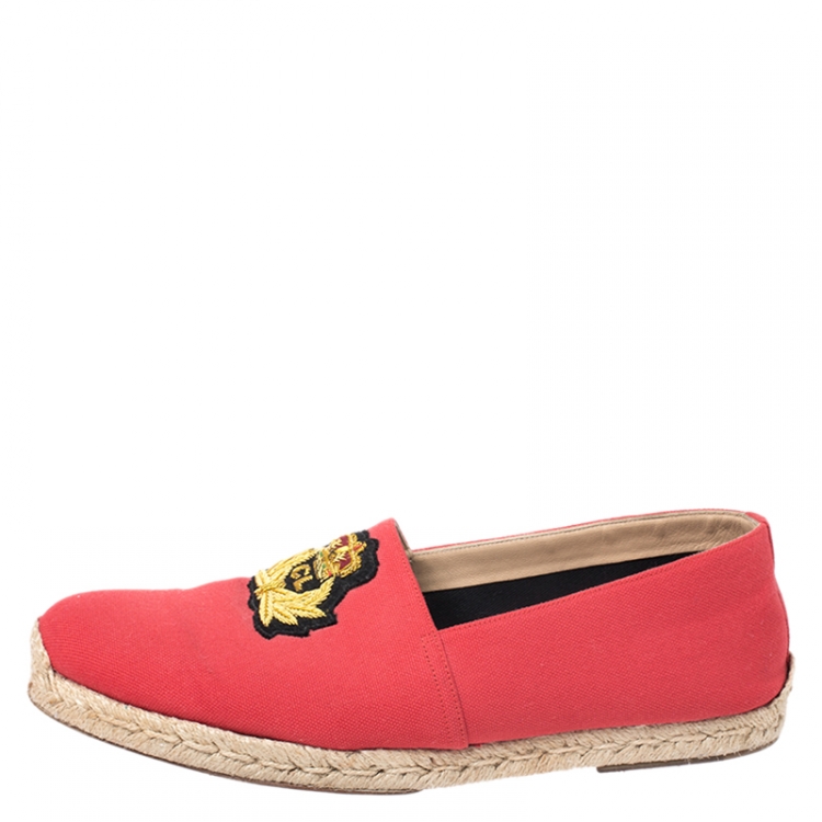 Pre Owned Christian Louboutin Red Canvas Gala Embroidered Crest Espadrille Loafers Size 44