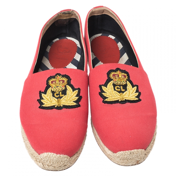 Pre Owned Christian Louboutin Red Canvas Gala Embroidered Crest Espadrille Loafers Size 44
