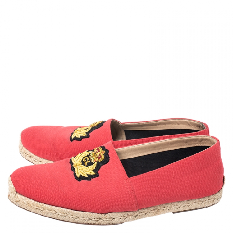Pre Owned Christian Louboutin Red Canvas Gala Embroidered Crest Espadrille Loafers Size 44
