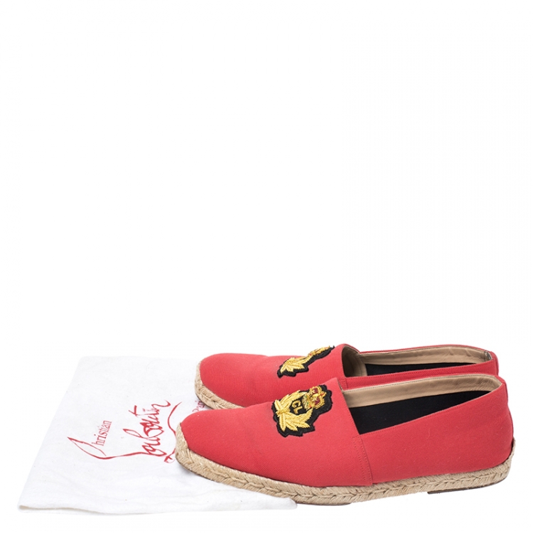 Pre Owned Christian Louboutin Red Canvas Gala Embroidered Crest Espadrille Loafers Size 44